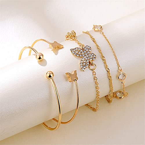 Caiyao Layered Stacking Link Chain Butterfly Honeycomb Bracelet Bangle Set Bohemian Paperclip Rhinestone Bead for Women 14K Gold Plated Animal Jewelry4