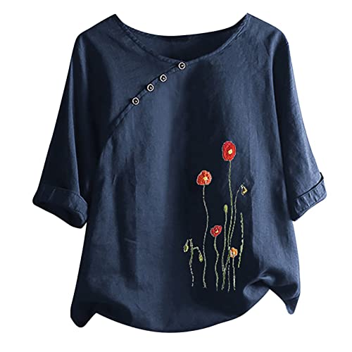 Blusas femininas de linho de algodão com manga 3/4, estampa de dente-de-leão, blusa vintage de gola