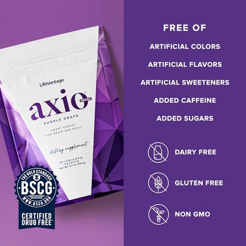 Image of LifeVantage AXIO Regular Energy Drink Powder, Nootropic Supplement, Focus & Mood Support, with L-theanine, Green Tea, B Vitamins, DMAE, Quercetin & Pine Bark, Purple Grape, 30 Packets