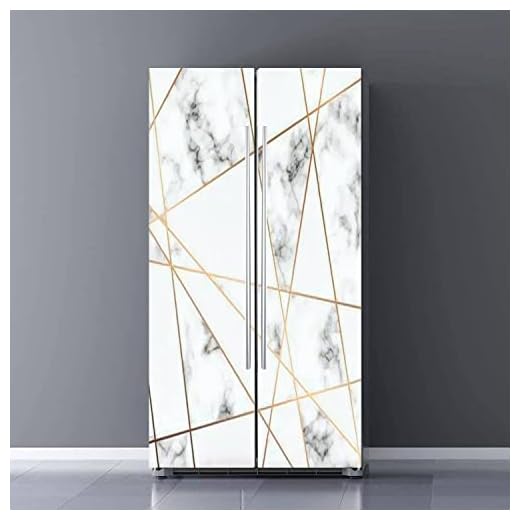 Self Adhesive Vinyl Refrigerator Wrap Set Marble Texture Design Golden Geometric Lines Black White marbling Door Mural Sticker Removable Fridge Sticker Cover Peel and Stick Kitchen Decor