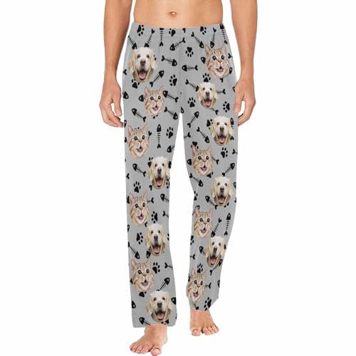 Personalized Dog Cat Photo Face Pajama Pants for Men Custom Dog Paws Fish Bones Pajama Sleepwear Bottoms with Pockets
