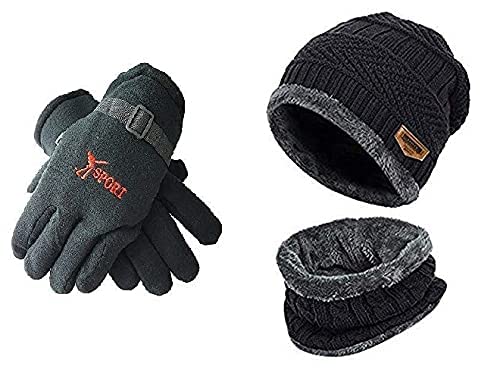 HOSVIN3 in 1 Men's and Women's Knitted Fur Lined Winter Neck Scarf Beanie Cap Set with Hand Gloves (Black)