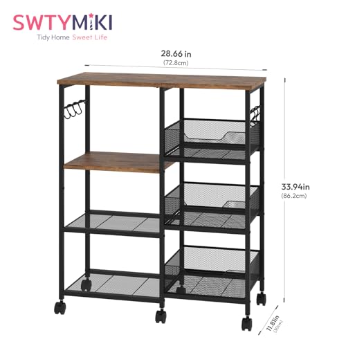 SWTYMIKI Kitchen Island Cart on Wheels - 4 Tier Rolling Kitchen Table Cart with Storage Shelves, 6 Removable Hooks& Locking Casters, Coffee Bar Cabinet for Dining Room Pantry Office, Espresso - Thumbnail 2
