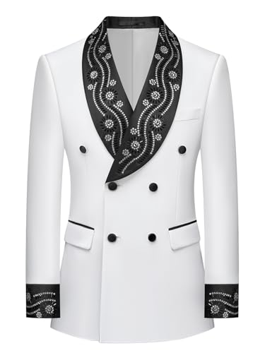 Men's Tuxedo Jakcet Luxury Slim Double Breasted White Dress Blazer with Rhinestones for Prom,Dinner,Party,Homecoming