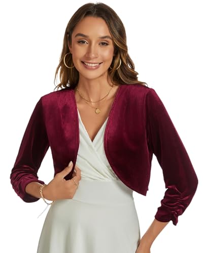Image of Womens Velvet Bolero Shrug Elegant Open Front Ruched 3 /4 Sleeve Cocktail Party Cropped Cardigan
