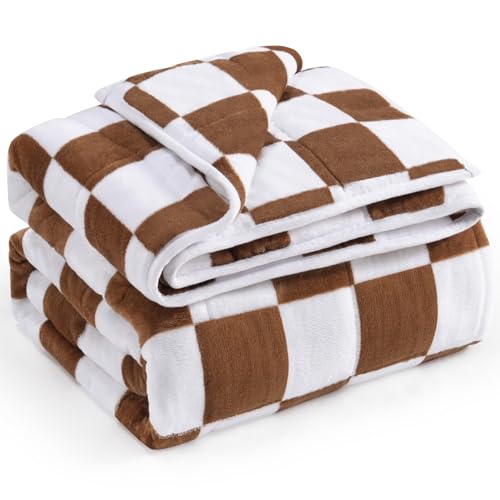 Wemore Flannel Fleece Weighted Blanket for Adult Twin Size 15 lbs, Dual Sided Luxurious Checkerboard Grid Heavy Blankets, Ultra Soft Throw Blanket, Plaid Khaki, 48 x 72 inches