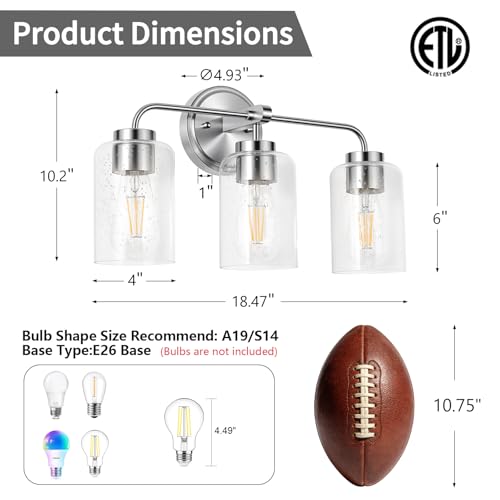 Image of 3-Light Bathroom Light Fixtures, 18 inch Brushed Nickel Vanity Light | Thick Seeded Glass, Bathroom Wall Lamp for Mirror, Rust-Proof, Reversible Up /Down Mount, ETL Certified, E26 Ceramic Sockets