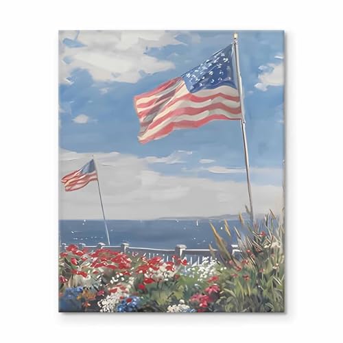 Image of Memorial Day Canvas Wall Art, Seaside American Flag Print, Patriotic Coastal Landscape with Flowers and Sky Vintage Framed Oil Painting, Independence Day Summer Beach House Wall Decor 8x10inch