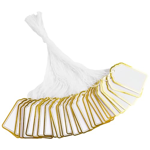 jijAcraft Preisetiketten Anhänger mit Fäden Weiß Gold: 25 × 45mm Klein Hängeetiketten Flohmarkt Preisschilder Etiketten für Schmuck 200 Stück Markierungsetiketten für Kleidung, Kunsthandwerk