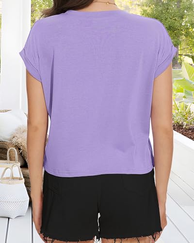 Image of Womens Crop Tops Summer Roll Cap Sleeve Cropped Tshirt Loose Fit Basic Tees