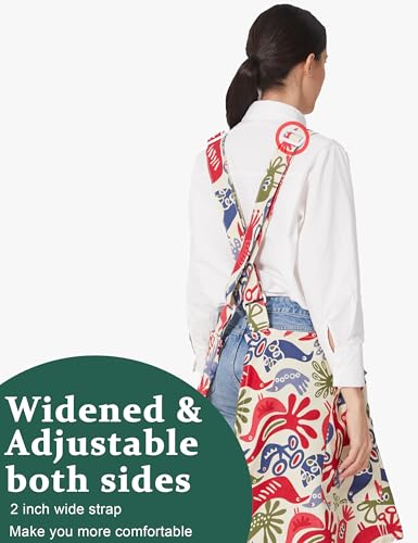 Image of Cozy Adjustable Cross Back Aprons for Women with Pockets Cotton Linen Cooking Kitchen Baking