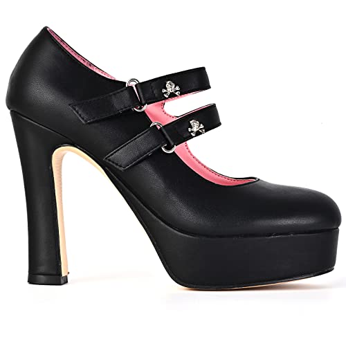Women's Gothic Platform Double Ankle Strap Mary Jane Block High Heel Pumps Hook and Loop Skull Decoration Shoes2