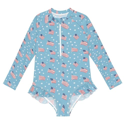 July 4th American Flag Girls Long Sleeve Rashguard Swimsuit UV Protection One-Piece Swimwear B0404596