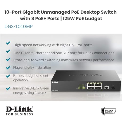Image of D-Link PoE Switch, 8 10 Port Unmanaged w / 1 Gigabit Ethernet Port & 1 SFP Uplink Port, 125W PoE Budget Fanless Rackmount Plug N Play (DGS-1010MP), Black