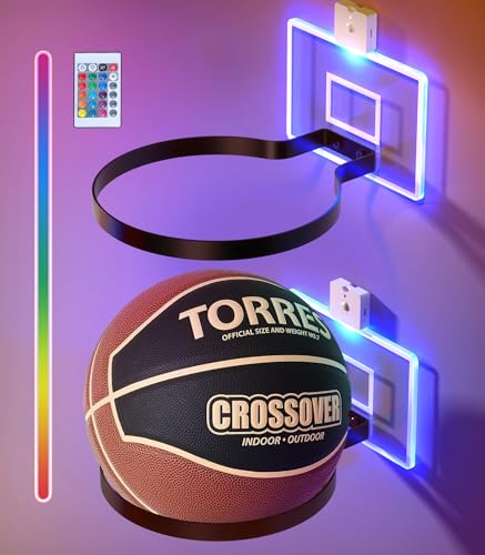 AIDILI 2 Pcs Wall Mount Basketball Holder with LED Light Base, Ball Storage Holders Display Rack for Autograph Basketball, Football, Soccer, Volleyball Collection, Sports Accessories Organizer