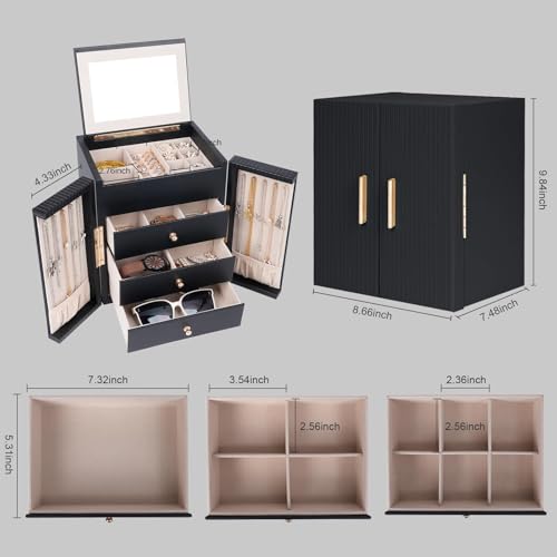 Dajasan Large Jewelry Box for Women, Jewelry Organizer Box with 3 Drawers, Jewelry Storage Organizer with Mirror for Necklace Ring Bracelet Watch, Gift Idea, 8.7 x 7.5 x 9.8 Inches (Black)2