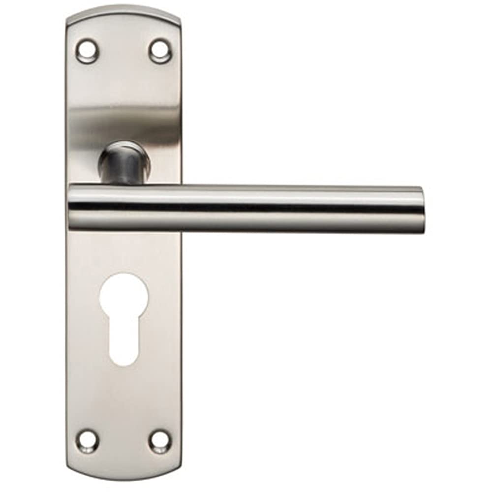 Loops Satin Stainless Steel Mitred T-Bar Lever Door Handle On Euro Lock Backplate - 172 X 44Mm - Satin Steel | Commercial Lever On Backplate Door Handle - Internal Door Hardware - Lock, Euro, Oval And Latch Options Available