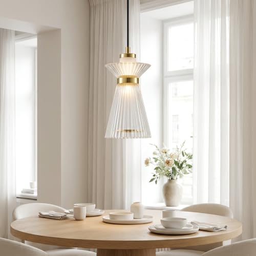Image of Pendant Light 3-Color CCT (Warm + Natural + Cold White) Ribbed Acrylic Gold Metal Hanging Light for Bedroom Living Room Dining