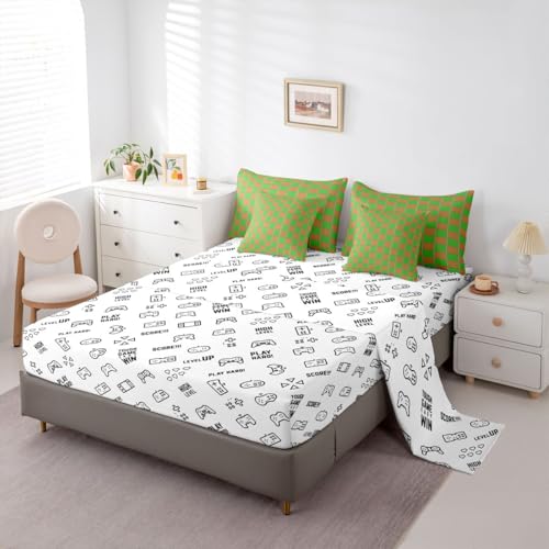 Image of Erosebridal Gaming Checkered King Bed in A Bag 7 Piece Gamer Plaid Comforter Set with Sheets Checkerboard Games Bedding Sets for Kids Adults,Geometric Grids Bed Set