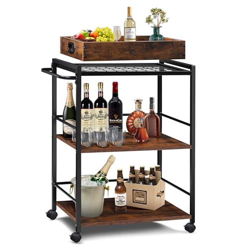 BETTAHOME Home Bar Drink Serving Cart with Removable Tray, 3 Tier Kitchen Cart on Wheels, with Storage, Brakes, and Extra Replacement Feet, 15.7 × 25.6 × 33.9” High, Rustic Brown and Black