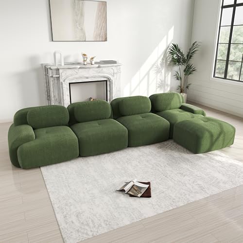 Vepssder Sofá ergonómico de esquina en L, sofá modular de 4 plazas con 1 puf e reposabrazos extragrandes, sofás de compresión sin montaje, revestimiento 32D altamente elástico, pana, verde