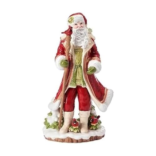 Fitz and Floyd Poinsettia Holiday Santa Clause with Staff Cardinal Bird Ceramic Figurine Christmas Collectible Dcor 17.5 Inch