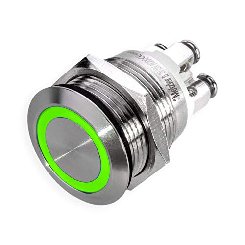 Drucktaster Klingeltaster – LED-Beleuchtung - Einbau 19mm - Edelstahl V2A – flache Tastfläche - wasserdicht – Schraubkontakte - AC/DC (LED Grün)
