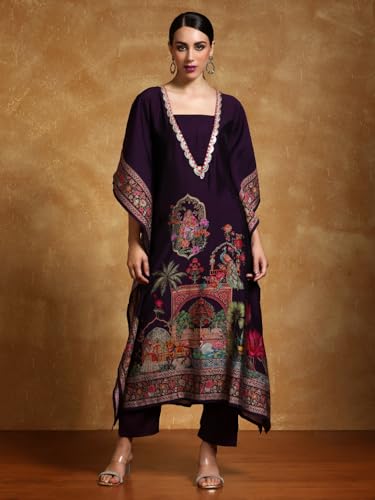 Image of Varanga Women-Zari & Sequin Detailed Ethnic Printed Flared Kaftan With Trouser