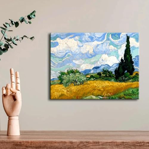 Reproduction champ de blé avec cyprès grand tableau salon 90x153