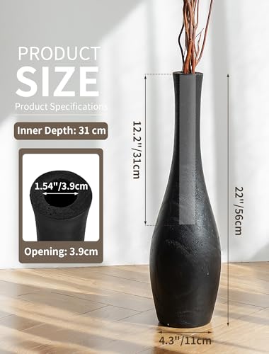 Image of Hanobe Matte Black Floor Vase: 22 inch Tall Vase for Modern Living Room Corner