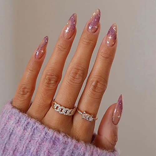 Wedity 24 PCS Moon Stars Fake Nail Love Heart Pearl Wave Acrylic False Nails Press on Nails Pointed Artificial False Nails for Women Girls (A)