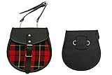 SZCO Medieval Sporran 8 Inch - Red Plaid Leather Pouch with Tassels - Scottish Kilt Sporran with Chain Belt for Men - Medieval Bag for Costume & Renaissance Accessories