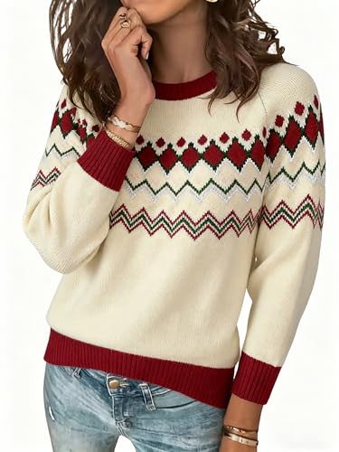 Image of ANCAPELION Women's Christmas Sweater Pullover Vintage Color Block Chunky Knit Sweater Tops