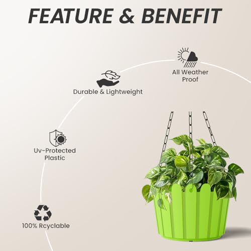 Image of YUCCABE ITALIA SHERA Hanging Fence 8 INCH Planter Pot Plastic Flower Hanging Pots for Home Decoration Sutiable for Indoor and Outdoor (Green, Pack of 3)