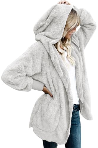 CHICGAL Womens Fuzzy Jacket Sherpa Coat Open Front Hooded Cardigan Outwear with Pockets (M, Light Grey0)