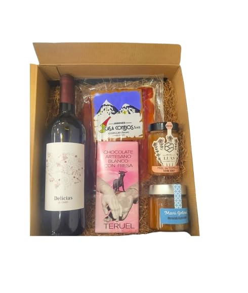 DEGUSTA TERUEL. Cesta Gourmet de Navidad con Bloc de Foie Gras, Jamón de Cebo Ibérico, Botella de Vino Tinto, Mermelada Artesana y Chocolate Artesano