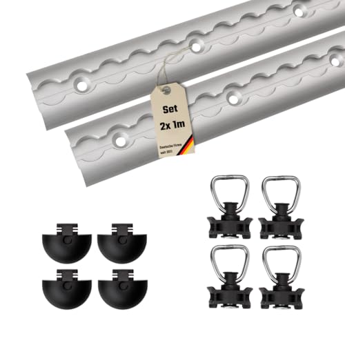 Airlineschienen Starter Set – 2 eloxierte Airlineschienen (1 m, halbrund, gebohrt für M6-Schrauben alle 10 cm) inkl. 4 Endkappen, 4 schwarze Fittinge – Ideal für Fahrzeugausbau, Vanlife & Hobbybastler
