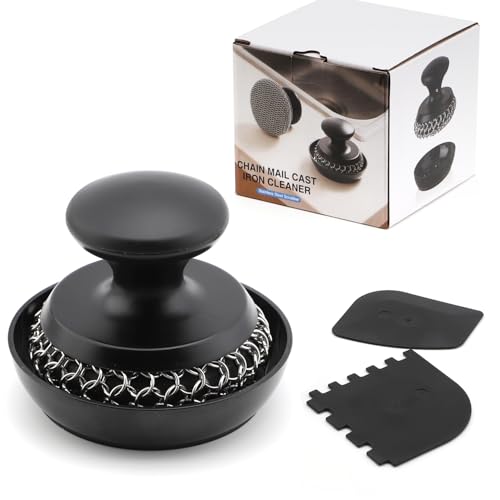 Image of Cast Iron Scrubber Cleaner, Chainmail Scrubber for Cast Iron Pan Skillet, Dish Scouring Pad, 316 Stainless Steel Brush /Scraper for Metal Skillet Scrubbing, Wok, Dutch Oven Cleaning Kit - Thick Mesh
