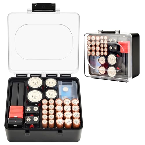 FULLCASE Plastic Battery Organizer with Tester, Battery Storage Case for AA AAA C D 9V Batteries, Portable Battery Holder Box for Home, Travel & Emergency Kits(Case Only) Black