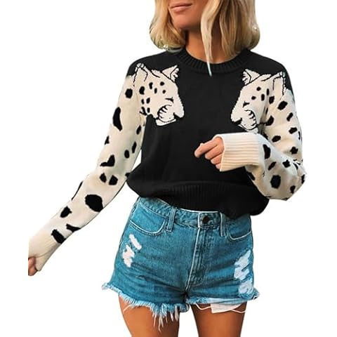 Angashion Women's Sweaters Casual Floral Printed Patchwork Long Sleeves Knitted Pullover Cropped Sweater Tops 367 Black M Cover