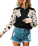Angashion Women's Sweaters Casual Floral Printed Patchwork Long Sleeves Knitted Pullover Cropped Sweater Tops 367 Black M