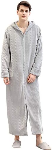 BIFINI Men Adult Zip Up Fleece Robe Warm Nightgown Pajamas with Hood Gray M