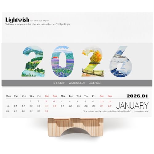 LIGHTWISH 2026 プロフェッショナル水彩用カレンダー紙 - 100% 綿製、300gsm 無酸、細目 - アーティスト向け・精密描写・ミニアチュアアート 12 枚入