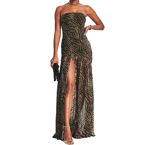 Image of Women Tube Top Dress Backless Strapless Mesh Leopard Print Side Slit Cocktail Bodycon Long Dress Party Club Dress
