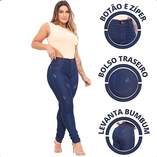 Calça Jeans Feminina Skinny Cintura Alta Com Lycra Premium Levanta Bumbum (46, Azul)
