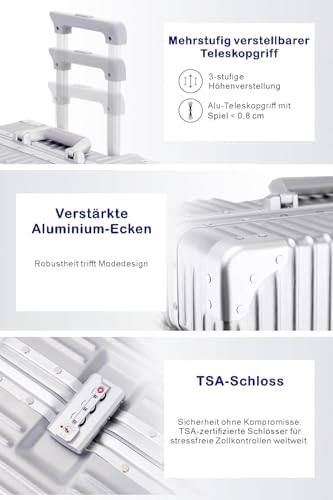 yuweijie Handgepäck Koffer&Trolleys Alurahmen Hartschalen in 100% Polycarbonat,Reisekoffer mit 4 Rollen,Größ Koffer,TSA-Schloss (S, Silber, 55cm, 35L)