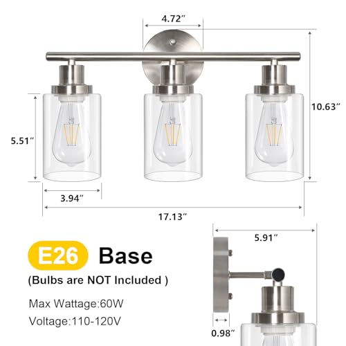 Image of Unicozin 3 Light Vanity Lights, Brushed Nickel Wall Sconce Light with Clear Glass, Bathroom Light Fixtures, Wall Lights for Mirror, Living Room, Bedroom, Hallway, E26 Base (Bulbs Not Included)