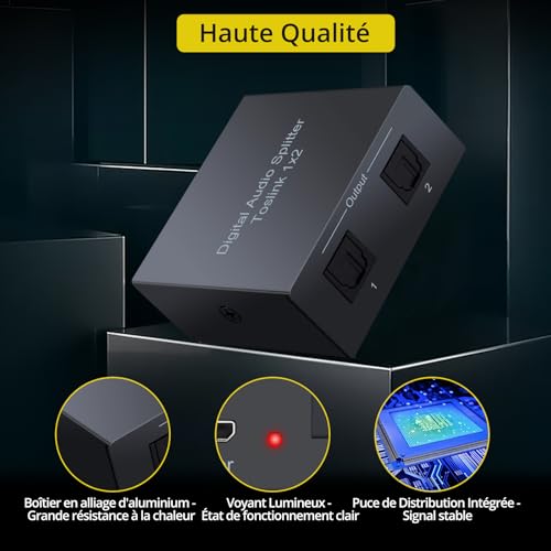 PROZOR SPDIF Toslink Splitter 1 x 2 optique numérique Audio Splitter Support LPCM 2.0 DTS Dolby-AC3 avec câble optique de 1 m pour PS3 XBOX DAC Converter Blue-Ray DVD HDTV STB – vue 5