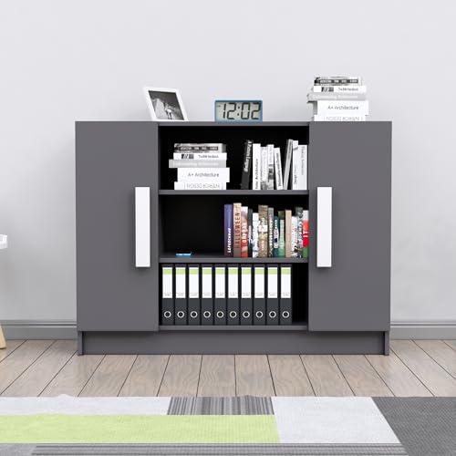 Image of Bniture Storage Cabinet Wooden Sideboard for Living Room with 3 Shelf and 2 Door | Multipurpose Book Shelf Storage Organizer Cabinet for Office Home Hallway Drawing Room Bedroom | Slate Grey