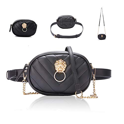3in1 Small Fanny Packs For Women, Fashion PU Waist Bags, Crossbody, Clutch with 2 Zipper Pockets Water-resistant For Shopping, Party, Travel and Hiking?Black?